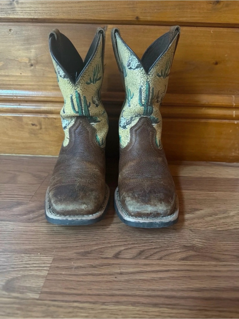 Ariat Brown Leather Kids Cowboy Boots with Cream & Green Cactus Shaft